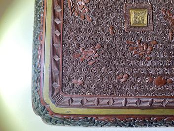 A pair of Chinese black and red cinnabar lacquer square dishes, Qianlong mark and of the period